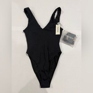 NEW! Montce Designer Black Ribbed One-Piece Swimsuit with Belt Decal  Size- L
